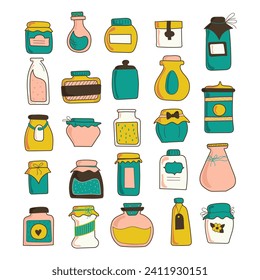 Set of 24 bright beautiful jam jars. Large Set of Hand Drawn Mason Jar Vectors. Zero waste pantry. No plastic. All objects are separated. Vector illustration