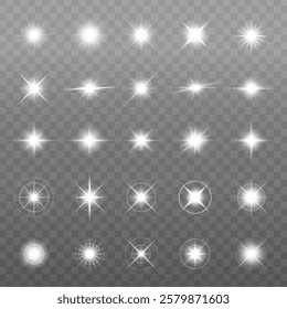 Set of 24 bright starburst effects on transparent background. Glowing starbursts with varied intensity. Perfect for design projects needing starburst effects. Overlay effect vector element set.