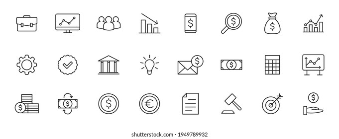 Set of 24 Business and Finance web icons in line style. Money, dollar, infographic, banking. Vector illustration.