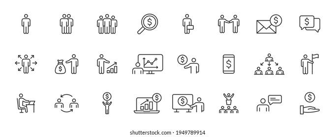 Set of 24 Business people and teamwork web icons in line style. Business, teamwork, leadership, manager. Vector illustration.