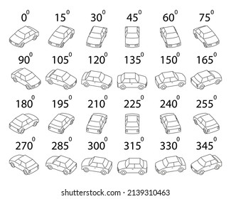 A set of 24 cars from different angles. Rotation of the car in outline by 15 degrees for animation.  