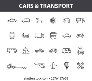 Set of 24 Cars and transport web icons in line style. Airplane, bus, parking, travel, train, comfortable. Vector illustration.