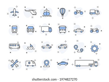 Set of 24 Cars and transport web icons in line style. Airplane, bus, parking, travel, train, comfortable. Vector illustration.