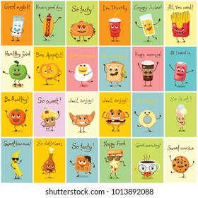 Set of 24 cartoon cards with funny food characters vector illustrations with emotions, includes fast and healthy food