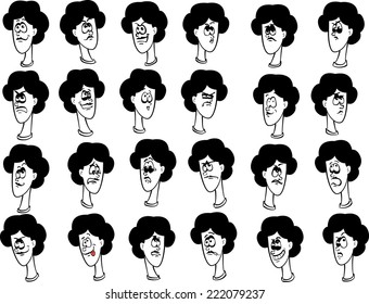 Set of 24 cartoon female faces with emotional expressions ink drawing lineart
