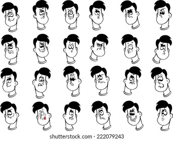 Set of 24 cartoon male faces with emotional expressions ink drawing lineart