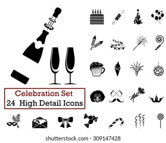Set of 24 Celebration Icons in Black Color.  Suitable For All Kind of Design (Web Page, Interface, Advertising, Polygraph and Other). Vector Illustration. 