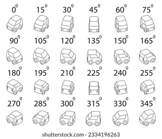 A set of 24 compact cars from different angles. Rotation of the car coupe in outline by 15 degrees for animation.  