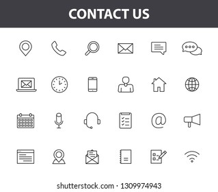 Set of 24 Contact Us icons in line style. Web and mobile icon. Chat, support, message, phone. Vector illustration