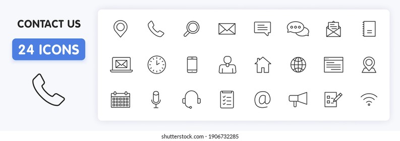 Set of 24 Contact Us web icons in line style. Web and mobile icon. Chat, support, message, phone. Vector illustration.