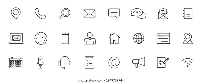 Set of 24 Contact Us web icons in line style. Web and mobile icon. Chat, support, message, phone. Vector illustration.