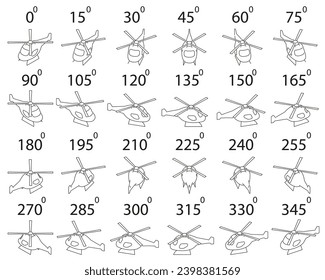 A set of 24 copters in outline from different angles. Rotation of the helicopter parked by 15 degrees for animation.  