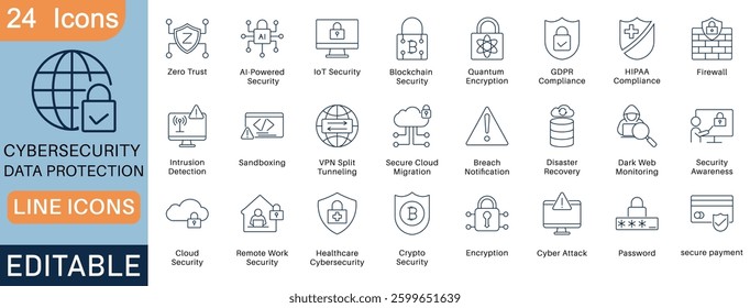 A set of 24 cybersecurity line icons, including encryption, firewall, VPN, cloud security, and data protection. Perfect for tech, IT security, network safety, and online privacy projects.