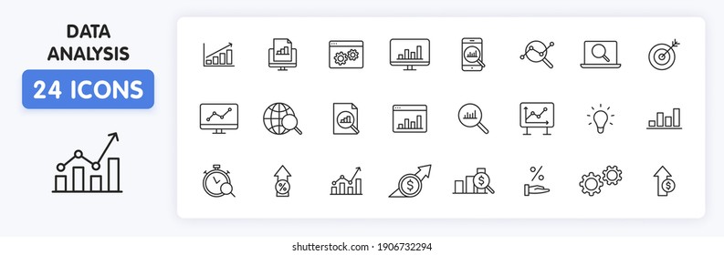 Set of 24 Data Analysis web icons in line style. Graphs, Analysis, Big Data, growth, chart, research. Vector illustration.