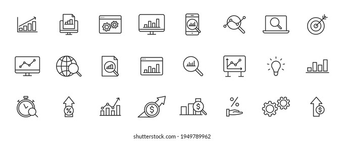 Set of 24 Data Analysis web icons in line style. Graphs, Analysis, Big Data, growth, chart, research. Vector illustration.