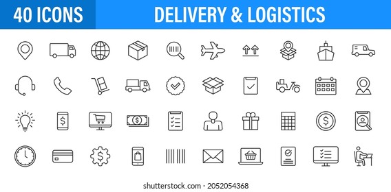 Set of 24 Delivery and logistics icons in line style. Courier, shipping, express delivery, tracking order, support, business. Vector illustration