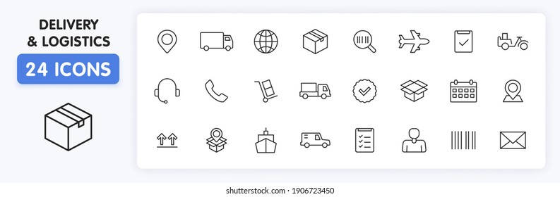 Set of 24 Delivery and logistics web icons in line style. Courier, shipping, express delivery, tracking order, support, business. Vector illustration.
