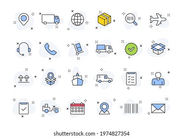 Set of 24 Delivery and logistics web icons in line style. Courier, shipping, express delivery, tracking order, support, business. Vector illustration.