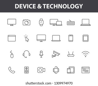 Set of 24 Device and technology web icons in line style. Computer monitor, smartphone, tablet and laptop. Vector illustration