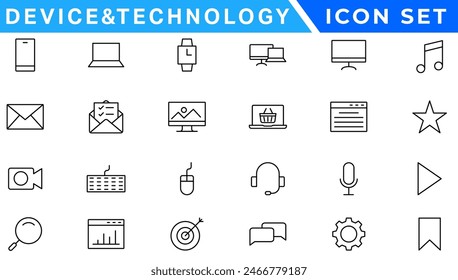 Set of 24 Device and technology web icons in line style. Computer monitor, smartphone, tablet and laptop. Vector illustration.
