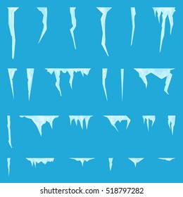 Set of 24 different icicles on isolated background. Different shapes and sizes.