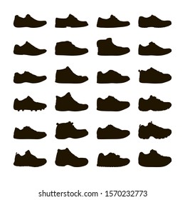 Set with 24 different 
silhouette types of men's outline shoes in vector. Doodle collection. Including Brogues, boat shoes, loafers, sneakers, work boots, trekking shoes and other.