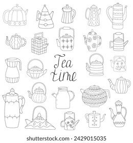 Set of 24 different teapots. Ceramic, electric, glass tea pots. Vector illustration. Vector clipart