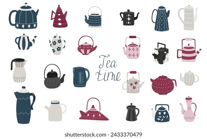Set of 24 different teapots. Ceramic, electric, glass tea pots. Vector illustration. Vector clipart.