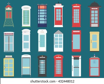 Set of 24 different telephone boxes from the world / telephone booth in flat style / include word "Telephone" in different languages 