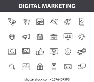 Set of 24 Digital Marketing web icons in line style. Social, networks, feedback, communication, marketing, ecommerce. Vector illustration.