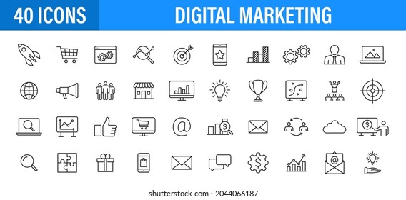 Set of 24 Digital Marketing web icons in line style. Social, networks, feedback, communication, marketing, ecommerce. Vector illustration.