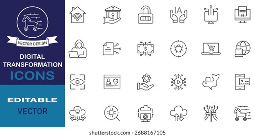 Set of 24 digital transformation line icons. Contain icons related to services, data, internet, cloud computing, technology, digitalization, innovation, integration and more. Editable stroke.