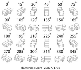 A set of 24 dump  trucks from different angles. Rotation of the empty truck in outline by 15 degrees for animation.  