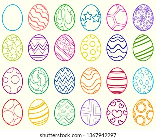 A set of 24 Easter eggs with colored contours and different ornaments on a light yellow background.