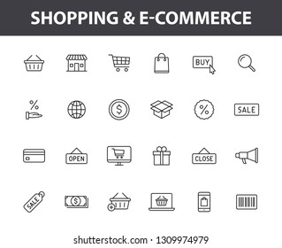 Set of 24 E-commerce and shopping web icons in line style. Mobile Shop, Digital marketing, Bank Card, Gifts. Vector illustration