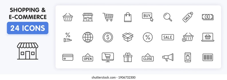 Set of 24 E-commerce and shopping web icons in line style. Mobile Shop, Digital marketing, Bank Card, Gifts. Vector illustration.