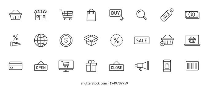 Set of 24 E-commerce and shopping web icons in line style. Mobile Shop, Digital marketing, Bank Card, Gifts. Vector illustration.