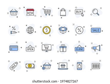Set of 24 E-commerce and shopping web icons in line style. Mobile Shop, Digital marketing, Bank Card, Gifts. Vector illustration.