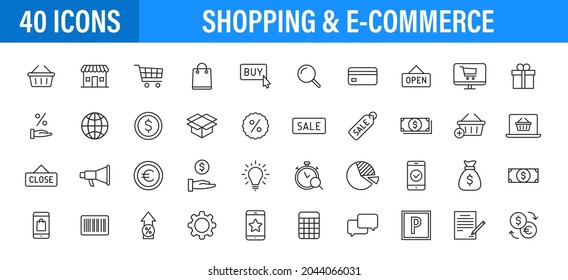 Set of 24 E-commerce and shopping web icons in line style. Mobile Shop, Digital marketing, Bank Card, Gifts. Vector illustration.
