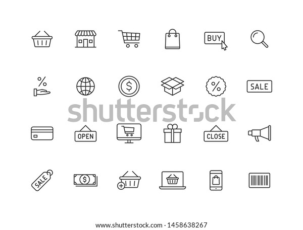 Set of 24 E-commerce and shopping web icons\
in line style. Mobile Shop, Digital marketing, Bank Card, Gifts.\
Vector illustration.