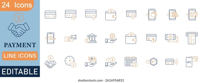 A set of 24 editable line icons for digital payment, mobile banking, wallets, NFC, credit cards, transactions, and cashless finance. Perfect for fintech apps, web, UI, and e-commerce.