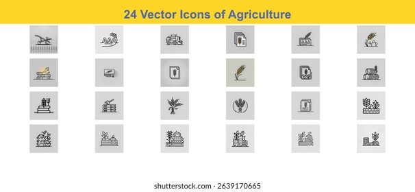 A set of 24 editable vector line icons representing modern agriculture, farming, irrigation, plants, insects, and aggrotech. Perfect for web, print, and infographics.
