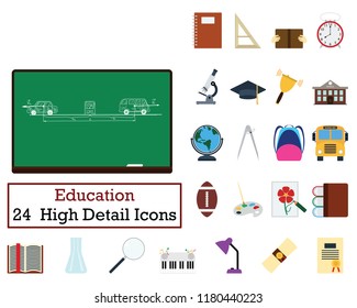 Set of 24  Education Icons. Flat color design. Vector illustration.