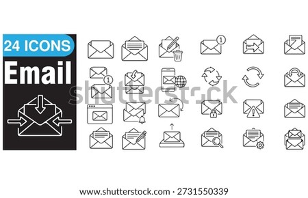 Set of 24 email line icons with mail envelopes, inbox, sent and received messages, notifications, reply, spam alert, and locked mail symbols. Perfect for web design, mobile apps, newsletters, email marketing, communication, and business projects. Clean outline vector style suitable for UI, UX, and digital media.

