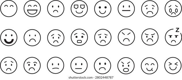 A set of 24 emoji faces illustrating different emotions and expressions for use in digital communication and design projects.