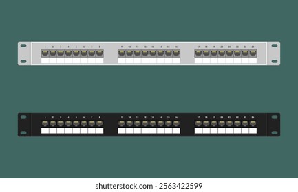 Set of 24 Ethernet ports patch panels for a 19-inch server rack or cabinet. Vector illustration in flat style