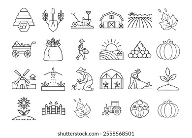 "Set of 24 farming and agriculture line art icons featuring tools, farmers, crops, and greenhouses."

