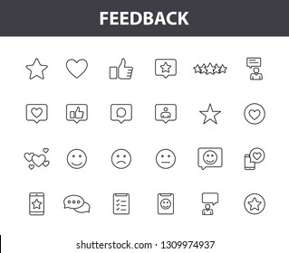 Set of 24 Feedback and Review icons in line style. Star Rating, Emotion symbols. Vector illustration