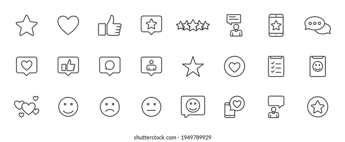 Set of 24 Feedback and Review icons in line style. Star Rating, Emotion symbols. Vector illustration.