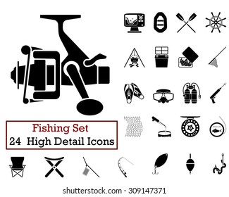 Set of 24 Fishing Icons in Black Color.  Suitable For All Kind of Design (Web Page, Interface, Advertising, Polygraph and Other). Vector Illustration. 